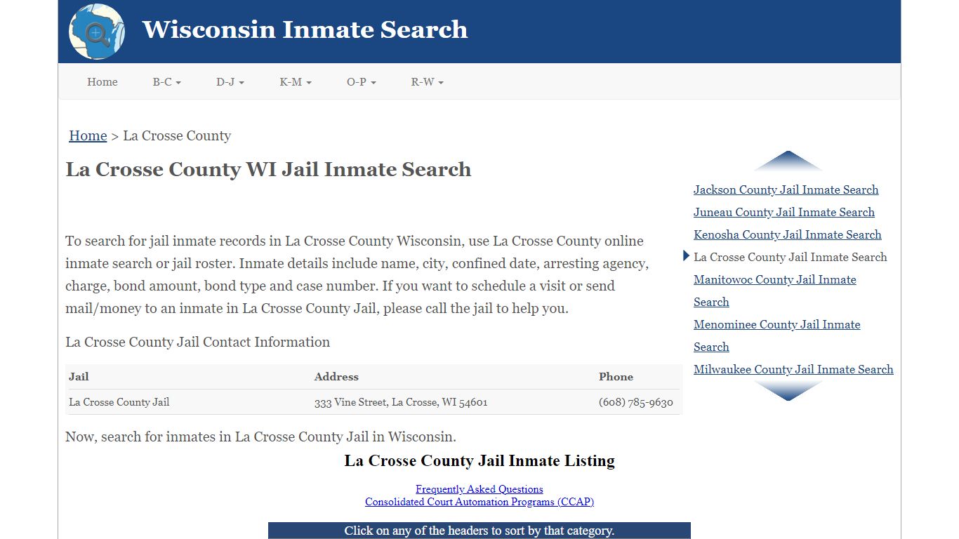 La Crosse County WI Jail Inmate Search